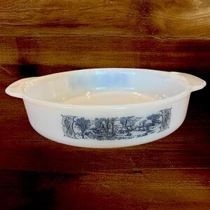 Glassbake Currier & Ives Milk Glass Casserole Dish Vintage Bakewear